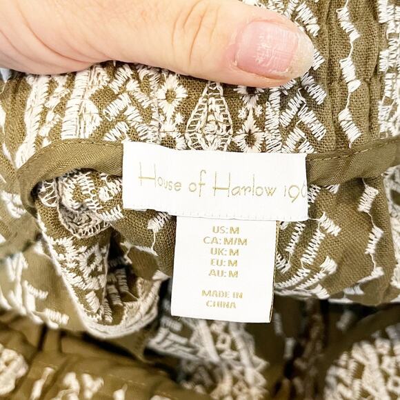 House of Harlow Linen High Rise Embroidered Boho Shorts Green Medium - Picture 2 of 7